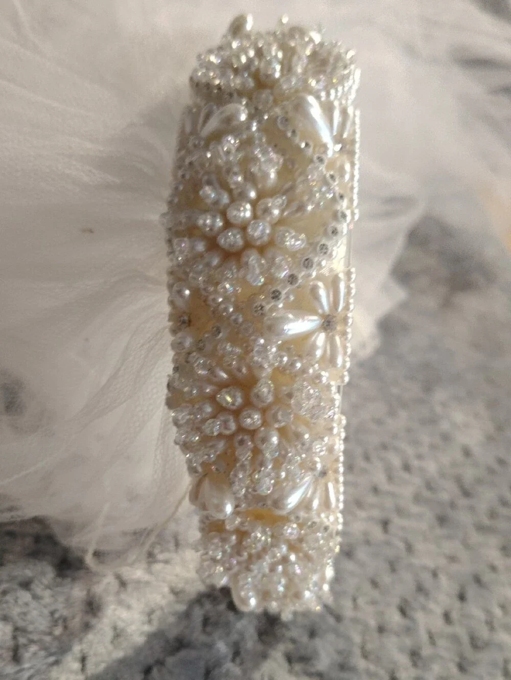 Beaded Pearl White Bridal Headband with Veil
